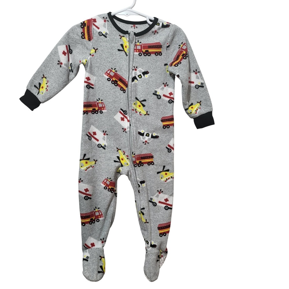 Absorba Toddler Boys 18M Fleece‎ Footed Pajamas Gray Emergency Vehicles
